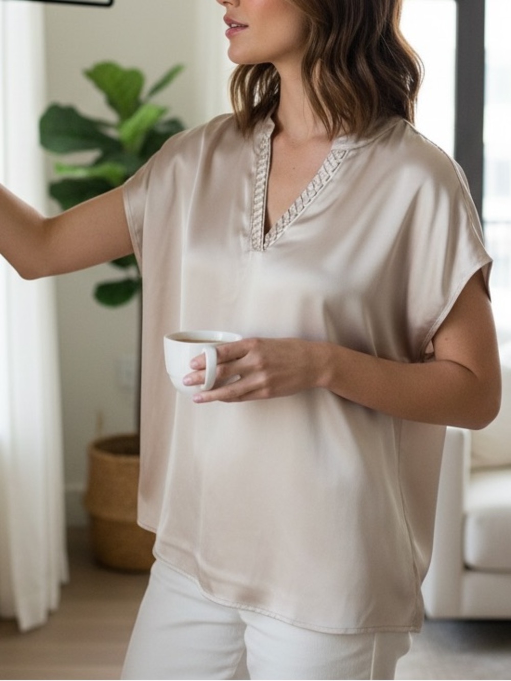 Rachel Zoe Satin V-Neck Short Sleeve Blouse in Soft Champagne size M